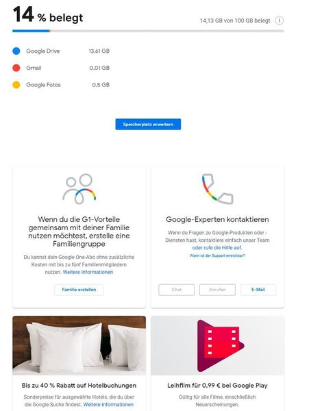 Nach dem Upgrade auf Google One können Anwender die Cloud-Lösung auf der entsprechenden Webseite verwalten und Infos abrufen. (Google / Screenshot Thomas Joos)