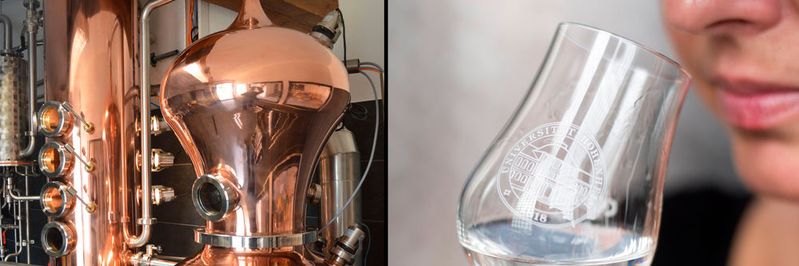 Brennerei 4.0: Die Forschungs- und Lehrbrennerei der Universität Hohenheim digitalisiert eine Destillationsanlage – für bessere Spirituosen.(Bild:  Carl GmbH/Alexander Plank (l.) und Universität Hohenheim/Oskar Eyb)