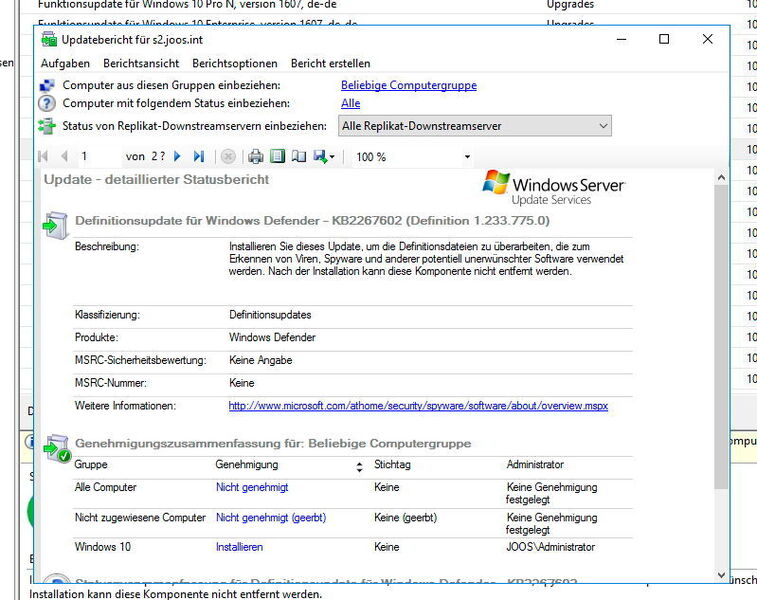 Über WSUS lassen sich auch die Definitionsupdates für Windows Defender verteilen. Diese werden auf Arbeitsstationen und Servern verwendet. Sinnvoll ist das für den Zeitraum, bis auf den Servern eine andere Antivirenlösung installiert wird. Hier ist es wichtig festzulegen, dass Windows Defender-Updates für Windows 10 und Windows Server 2016 freigegeben werden.  (Joos / Microsoft)