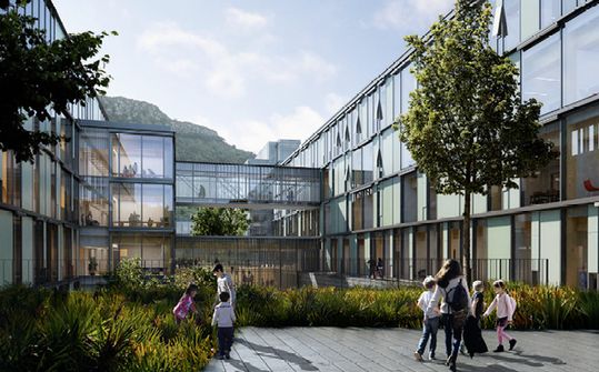 (Visualisierung des Außenbereichs mit Gartenanlage. Bild: Healthcare Bergen)