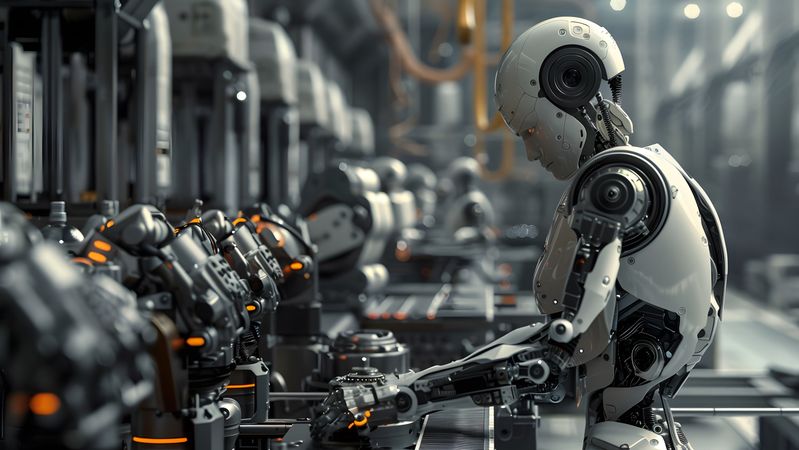 Vision der industriellen Zukunft: Damit humanoide Roboter sicher und ohne Schutzzäune in Fabrikhallen agieren können, sind zertifizierbare Hard- und Softwarelösungen essenziell. Die Sicherheit dieser Systeme steht im Fokus des EMEA Humanoid Robot Summit 2026 in München.  (Bild:  © maikuto/stock.adobe.com - generiert mit KI)