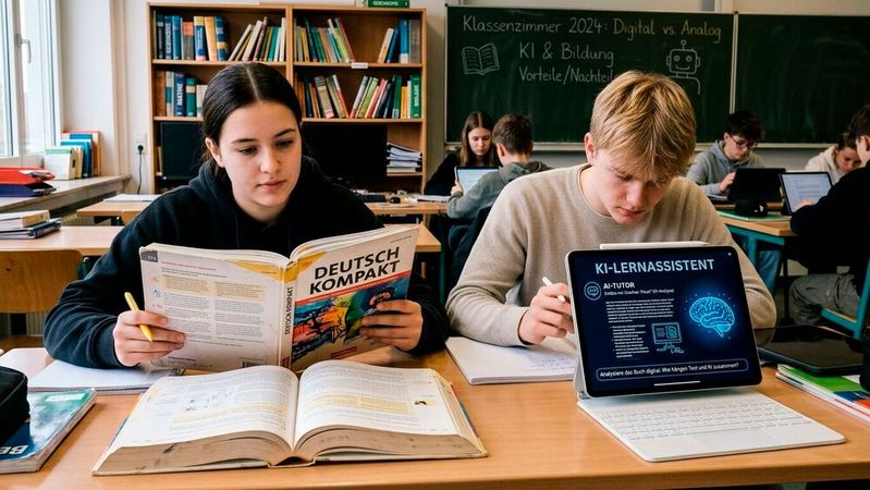 Spannungsfeld analoge vs. digitale Tools: Schule muss sich damit auseinandersetzen.(Bild:  Gemini / KI-generiert)