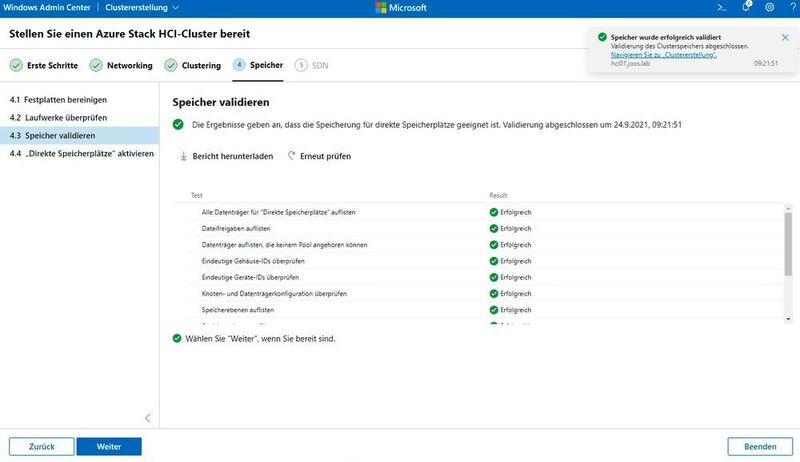 Der Einrichtungsassistent von Azure Stack HCI validiert die Storage-Einstellungen und testet Hard- und Software. (Joos/Microsoft (Screenshot))