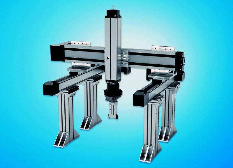 Handlingsystem aus dem Baukasten: Der pneumatische Vorschubantrieb und der elektromechanische Positionierantrieb sind in einer Achse integriert. Bild: Bosch Rexroth (Archiv: Vogel Business Media)