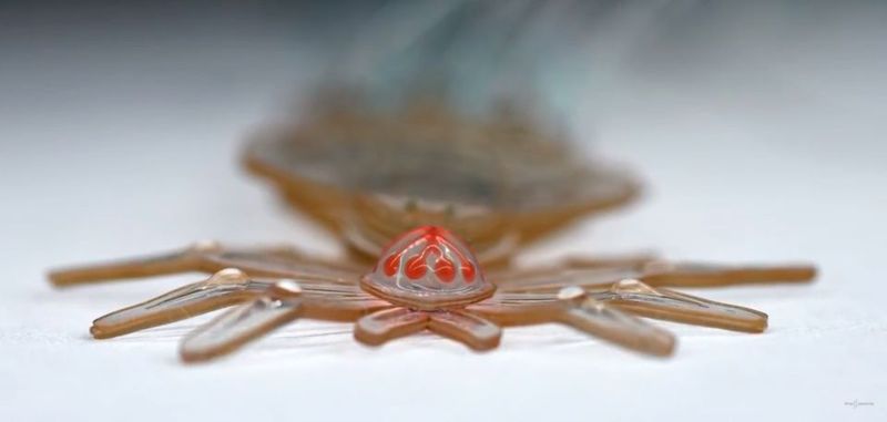 MORPH: Mit einer neuratigen Entwicklungsmethode haben Wissenschaftler der Universitäten Harvard und Bosten diesen multifunktionalen, millimetergroßen Softroboter entwickelt, der der australischen Pfauenspinne nachgeahmt ist.(Bild:  Wyss Institute at Harvard University)