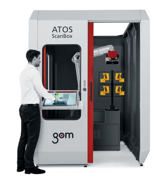 GOM is presenting its complete Atos Scan Box series, including Atos Capsule, an optical measuring machine for quality assurance with high image resolution, and a mobile and flexible measuring system that can be used directly on-site of the measuring object. (GOM)
