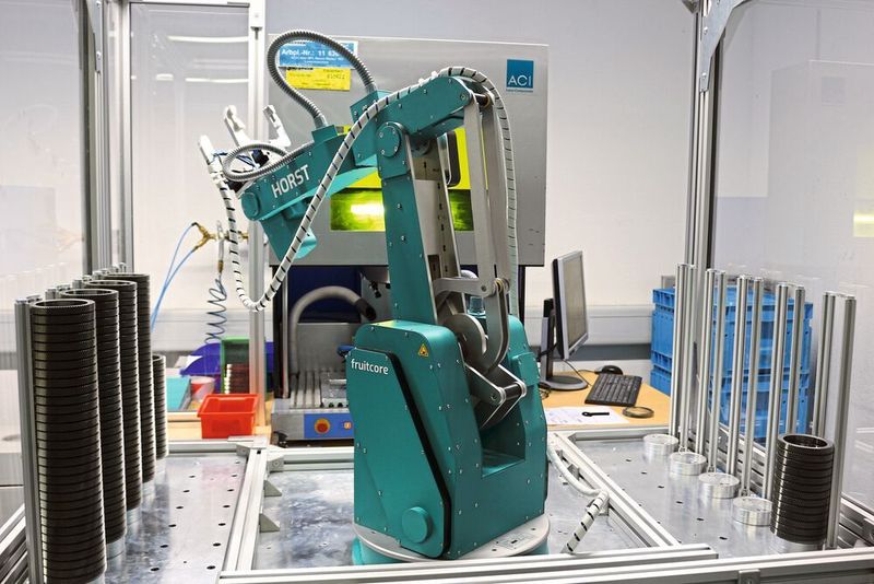 An der kombinierten Anlage markiert Horst die Zahnräder und übernimmt auch die Fehlerkontrolle der Komponenten. (Fruitcore)