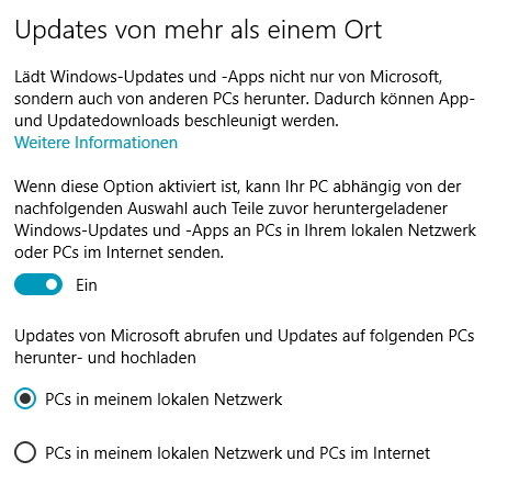 Windows 10 kann Installationsdateien von Updates nicht nur bei Microsoft herunterladen, sondern auch von anderen Rechnern im Netzwerk. Administratoren können steuern welche Rechner dafür zur Verfügung stehen und ob Rechner diese Funktion auch nutzen sollen. (Bild: Thomas Joos)