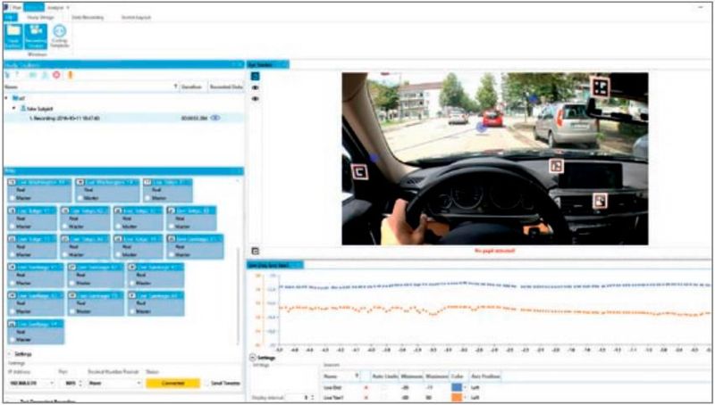 Mit dem D-Lab-Head-Tracking-Software-Modul lässt sich die Kopfposition genau messen. Zusammen mit der integrierten Kamera lassen sich die Bewegungen des Probanten in der Bildschirmansicht verfolgen. (Bild: Ergoneers)