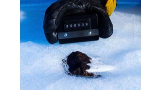 Antarctic meteorite (HUT 18036) partially in the ice, in contrast to most samples that are collected while lying on the surface. Meteorite collected by the Lost Meteorites of Antarctica project. (Source: Katherine Joy, The University of Manchester, The Lost Meteorites of Antarctica project.)
