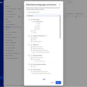 Der Dialog "Rollenberechtigungen einrichten" steuert granular die Rechte für Organisation Management, Benutzerverwaltung und Multi-Tenancy.(Bild:  Joos - TeamViewer)