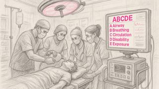 Die im Projekt zu entwickelnde  KI soll die Gespräche im Notfall-Eingriffsraum erfassen, Befunde und Maßnahmen identifizieren und daraus fortlaufend ein Live-Bild in Ampellogik nach dem ABCDE-Schema erstellen. (Bild: © Bild erstellt mit GPT-5 / Fraunhofer IAIS)