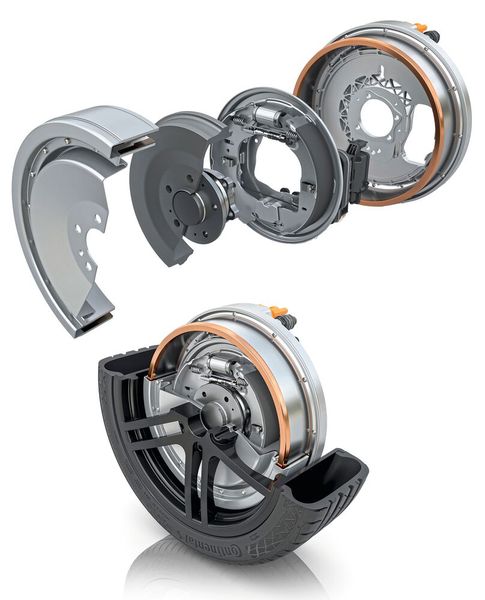 Die kompakten Radnabenmotoren von Deep Drive und Continental arbeiten nit Doppelrotoren und haben eine integrierte Trommelbremse. (Bild: Continental)