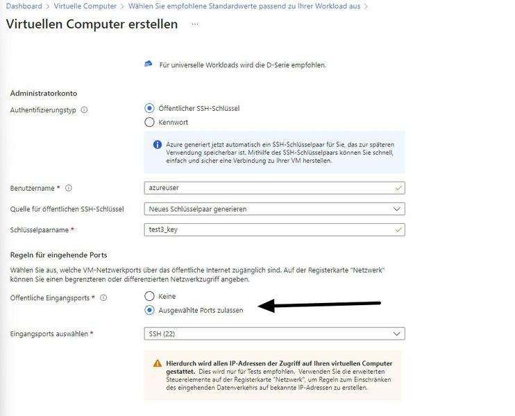 Beim Erstellen von virtuellen Computern in Azure, sollten möglichst keine externen Ports zum Einsatz kommen. (Bild: Joos)
