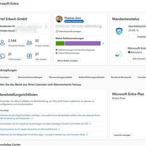 Die Übersicht von Microsoft Entra stellt Mandanteninformationen, Rollenverteilungen, Sicherheitsstatus sowie den Aktivierungszustand von Entra Connect zentral dar.(Bild:  Thomas Joos)