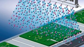 Bei einem Ionisierer überwacht und regelt ein interner Sensor die Ionenbalance. Positiv und negativ geladene Ionen erreichen gleichzeitig das Werkstück. Die Potenzialamplitude am Werkstück beträgt maximal 25 V. (SMC)