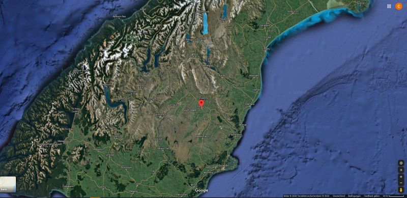 -25,6 °C – 17.07.1903 Ranfurly, Neuseeland, Ozeanien  Anfang des 20. Jahrhunderts gab es einen Kälterekord auf der neuseeländischen Südinsel Ranfurly: -25,6 °C.     Hier geht es zurück zum Begleitartikel dieser Bildergalerie: Die tiefsten Temperaturen der Welt  Quelle: Minus 89,2 Grad: Das sind die weltweiten Kälterekorde (Google, Terra Metrics, Kartendaten 2020)