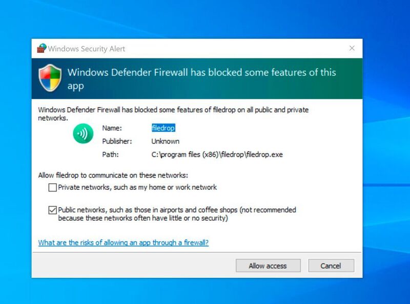Für den Zugriff von Filedrop im Netzwerk ist die Erlaubnis für die Windows-Firewall notwendig. (Joos/Filedrop (Screenshot))