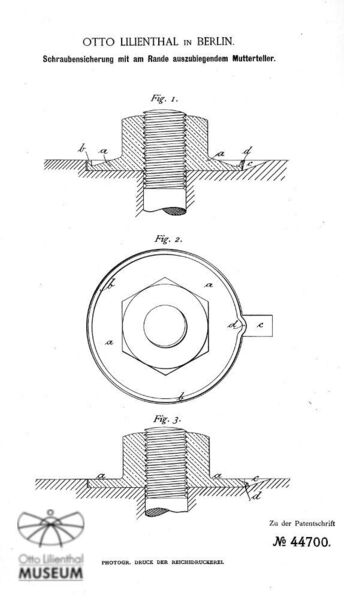 Hier das Patent einer Schraubensicherung, auch aus dem Jahr 1888. (Otto Lilienthal Museum)