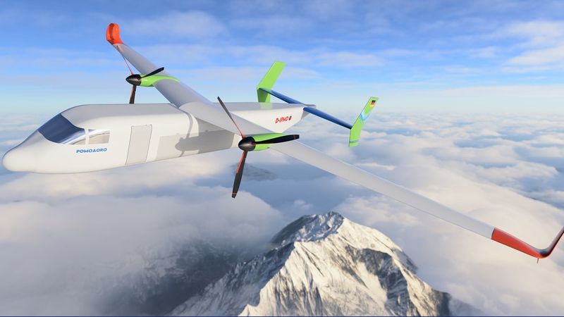 PomoΔoro (TU München) ist ein modulares Regionalflugzeug, entwickelt im Rahmen des DLR Design Challenge 2026, das die Dekarbonisierung des Kurzstreckenverkehrs durch eine innovative Energie-Modularität vorantreibt. Das Flugzeug basiert auf einer austauschbaren Energiebox (PoMod), die entweder mit einem Batteriepaket oder einer Wasserstoff-Brennstoffzelle bestückt werden kann und über einen standardisierten DC-Bus mit der Flugzeugzelle verbunden ist. Durch die Kombination aus verteilten Verstellpropellern, Grenzschichtabsaugung und morphenden Strukturen wird die Effizienz maximiert, während eine permanente LiFePO₄-Sicherheitsbatterie die Steuerflächenversorgung in allen Fehlerfällen gewährleistet.  (Bild: TU München/PomoΔoro)