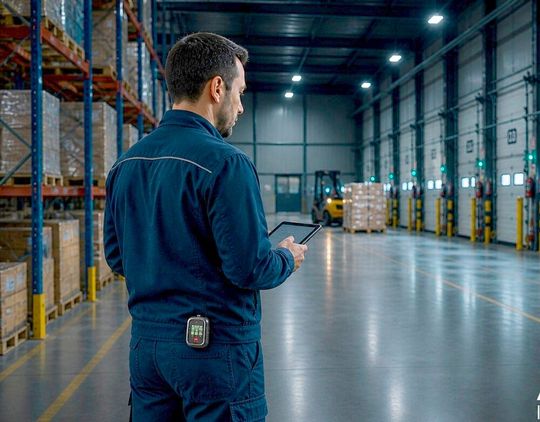 Dieser Mitarbeiter einer Firma gehört zur Spezies der Alleinarbeiter. Manchmal kann es entspannend sein, quasi sein eigener Herr zu sein, doch was ist, wenn ein Notfall vorliegt. Dann retten etwa Totmannschalter von Almas Industries (hier am Gürtel befestigt) Leben ...(Bild:  Almas Industries)