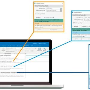 Schaltfläche der E-Mail Schutz-Klassifizierung mit Klassifizierungsstufen und den dazugehörigen Darstellungen im Transfer Dialog