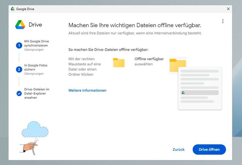 Abschluss der Anpassung von Google Drive for Desktop in Windows. (Bild: Joos – Google)