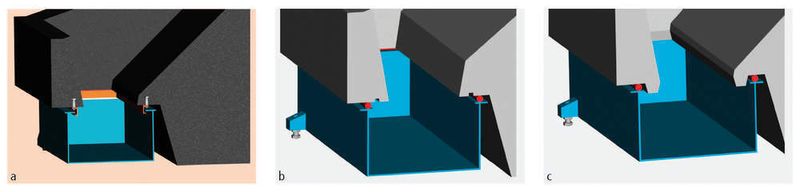 Bild 3: Um Leckagefreiheit an der Schnittstelle zwischen Mineralgussbett und Späneförderung sicherzustellen, gibt es unterschiedliche Gestaltungsansätze: a Labyrinthdichtung, b Tropfnut, c Tropfkante Bild: Epucret (Archiv: Vogel Business Media)