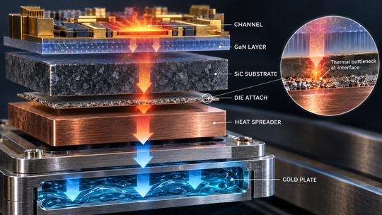 Thermal interfaces connect the transistor channel to platform cooling. A high-conductivity material cannot remove resistance elsewhere in the stack.(Source:  KI-generiert / Imagen)