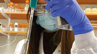 Die Forscherin Whitney Ong mit dem Pipetboy (Integra Biosciences)