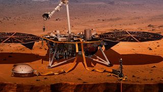 Künstlerische Darstellung des InSight-Landers. Die Sensorik des Seismometers SEIS (Seismic Experiment for Interior Structure) (unter dem Schutzschild) ist vorne links abgebildet, die Elektronik liegt gut geschützt im Inneren des Landers. (NASA/JPL Caltech)