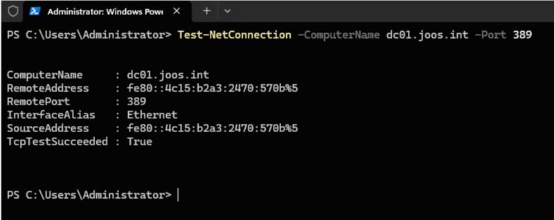 Erreichbarkeitsprüfung von LDAP über Test-NetConnection. (Bild: Joos)