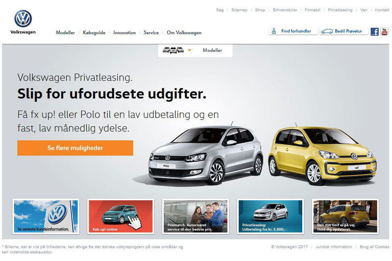 Auf der Startseite von VW Dänemark weist der Kasten „Keb up! online“ auf den Online-Direktvertrieb des Up hin. (Screenshot VW Dänemark)