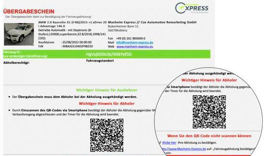 Nach dem Verkauf eines Fahrzeugs erhalten Käufer und Einlieferer eine E-Mail mit allen Details zur Fahrzeugabholung. Ein Ausdruck dieser Abholvollmacht ist dem Einlieferer vorzulegen. Den QR-Code scannt der Käufer bei der Abholung. (Bild:  Manheim Express)