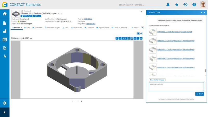 Fourier AI beschleunigt die Bauteilsuche mit einem domänenspezifischen KI-Modell. (Bild:  Contact Software)