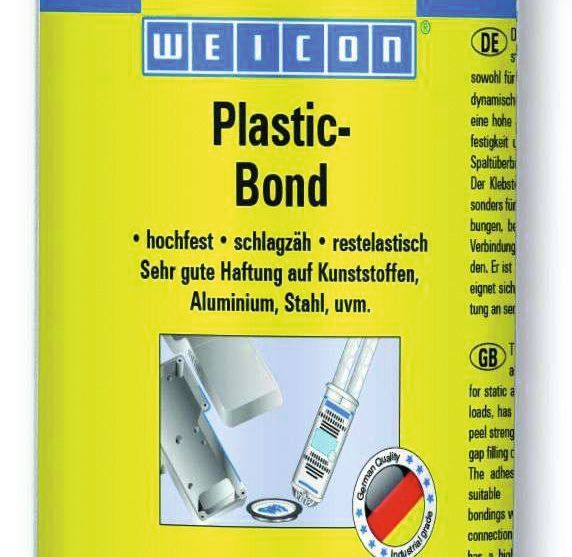 Weicon Plastic-Bond ist ein lösemittelfreier Strukturklebstoff. Er haftet sehr gut auf den verschiedensten Kunststoffen und eignet sich auch zur Verbindung mit anderen Materialien. (Weicon)