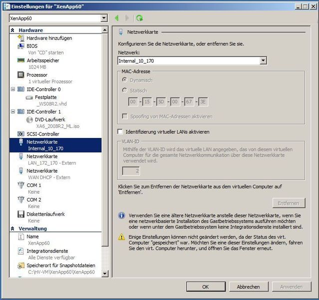 Der Hyper-V unterscheidet nach drei Varianten an virtuellen Switches: den internen, den extern und privaten. Der interne Switch verbindet die virtuellen Maschinen untereinander und auch mit dem Hostbetriebssystem.  Anschließend starten wir die neu erzeugte virtuelle Maschine. Um die SIDs richtig zustellen sollte nun Sysprep auf die virtuelle Maschine durchgeführt werden. Nun ist der Maschinename (im Testszenario B. XenApp60) und der IP-Adresse für die interne NIC (z.b. wie im Bild 10.10.10. 167) anzupassen. Anschließend wird die virtuelle Maschine wieder heruntergefahren. (Archiv: Vogel Business Media)