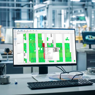 proMExS bildet Realität in der Fertigung ab: Die Planungsoberfläche zeigt farbcodierte Gantt‑Balken für Maschinen-, Personal‑ und Materialverfügbarkeit. (Bild: Bildkomposition iStock-1352825073 + Sack EDV-Systeme)