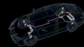 Die schematische Darstellung der Leitungs- und Verbindungssysteme für die Luftfederung und aktive Fahrwerke. (Bild: Voss Automotive)