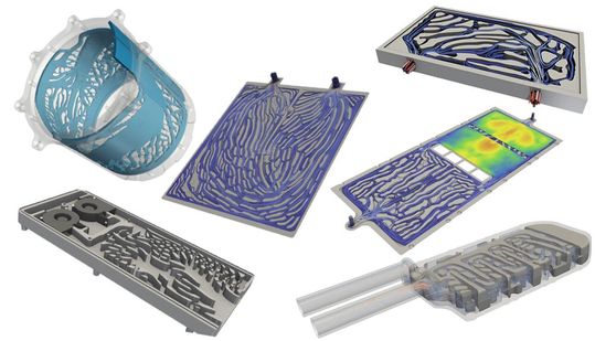 Bild 2:  Die topologische Optimierung gestaltet die Materialverteilung innerhalb eines gegebenen Bauraums so, dass definierte Leistungsziele bestmögliche Werte erhalten. Hier ein Beispiel für topologisch optimierte Fluidkühler.(Bild:  Alpha-Numerics)