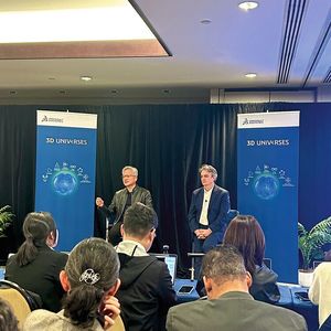 Jensen Huang, CEO de NVIDIA, et Pascal Daloz, CEO de Dassault Systèmes, lors de la conférence de presse qui a suivi l'annonce de partenariat entre les deux entreprises.(Source :  Marina Hofstetter)