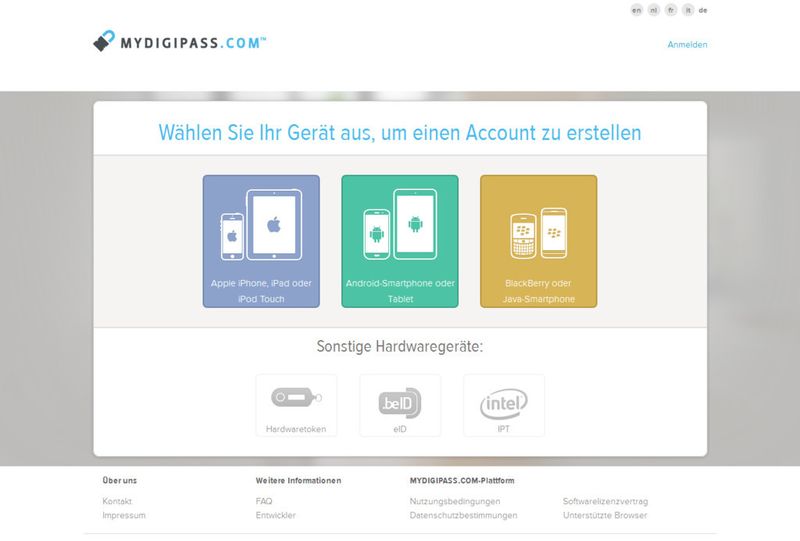 Um die eigene Website bei Mydigipass.com zu registrieren, benötigt man zunächst selbst einen Account auf dieser Plattform und die App zur Generierung von Einmalpasswörtern. Auf www.mydigipass.com wählt man dafür ggf. zunächst seine Sprache aus und dann über den Link „Anmelden“ seine Hard- bzw. Software-Plattform. (Bild: Vasco)