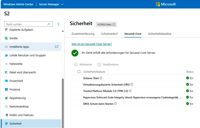Im Windows Admin Center lassen sich Sicherheitseinstellungen von Windows Server 2025 jetzt ebenfalls zentral umsetzen. (Bild: Joos | Microsoft)