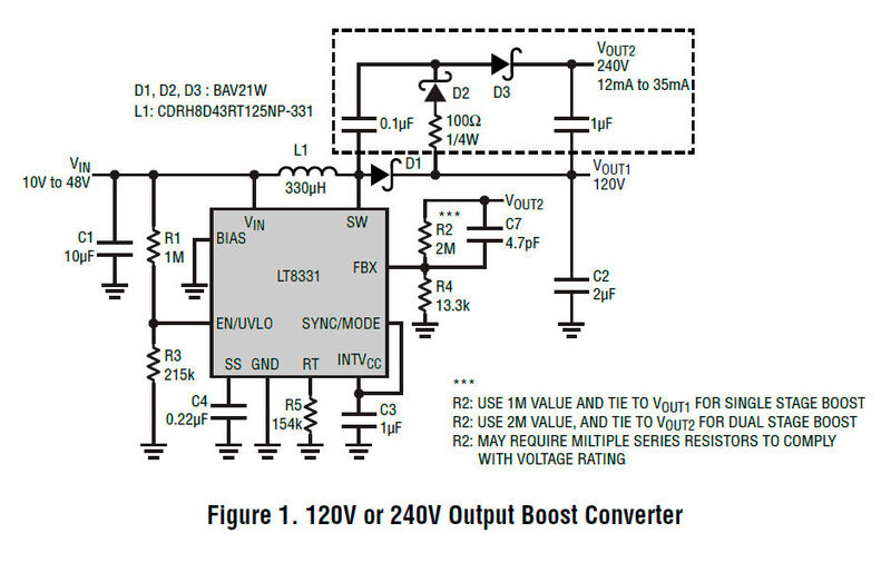Bild 1. Boost-Wandler mit 120 V oder 240 V Ausgangsspannung (Bild: Linear Technology)