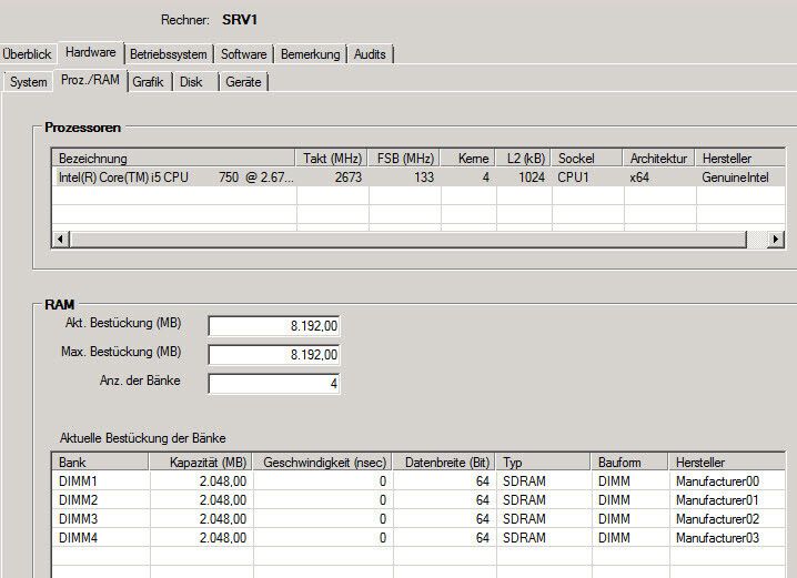 Abbildung 9: Neben dem rein theoretischen Nutzen einer Inventarisierung lassen sich für einzelne Computer auch wichtige Informationen abrufen, wenn zum Beispiele Systeme erweitert werden sollen. So zeigt das Tool über Hardware\Proz/RAM auch an, welche Arbeitsspeicherbänke bereits belegt sind und welcher Prozessor mit welchem Takt im System verbaut ist. (Bild: Joos)