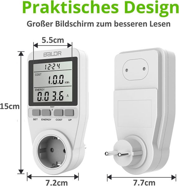 Der Stromzähler für zuhause ist mit großem LCD-Bildschirm und maximaler Überlastsicherung ausgestattet. Die maximale Lastleistung des Strommessers beträgt 3.680 W. Wird das angeschlossene Gerät aus dem Stromzähler entfernt oder dieser aus der Steckdose gezogen, werden die letzten Daten gespeichert. Das Energiemessgerät von BALDR ist Preis-Leistungssieger bei vergleich.org. Der Preis liegt bei ca. 29 Euro. (Bild: BALDR / gefunden auf amazon.de)