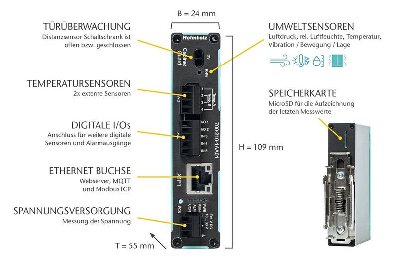 Der Cabinet Guard überwacht Temperatur, Feuchte, Druck, Bewegung und Türzustand direkt im Schaltschrank und stellt die Zustandsdaten über Webserver, MQTT oder Modbus TCP bereit.(Bild:  Helmholz GmbH & Co. KG)