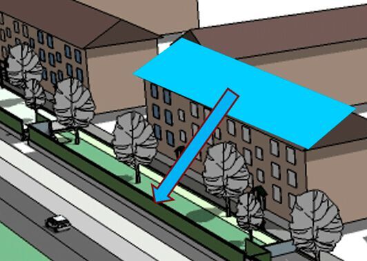 Der Weg des Regenwassers als Teil eines SUDS-Vorschlags für einen Wohnkomplex in Kopenhagen. Verdeckte Rohre leiten das Wasser von den Dächern der Gebäude zu einer Verdunstungsanlage, die in einer straßenseitigen Lärmschutzwand verborgen ist. (Bild: Emilia Danuta Lausen und Marina Bergen Jensen)