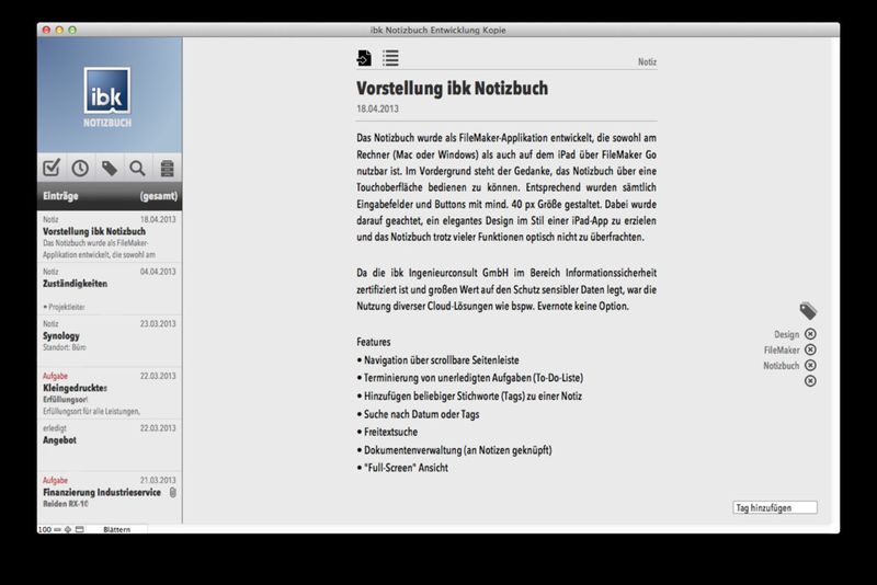 Im „internen Notizbuch“ können beispielsweise Informationen, Kommentare, Gesprächsprotokolle und andere Dokumente abgelegt werden. (Bild: Filemaker)