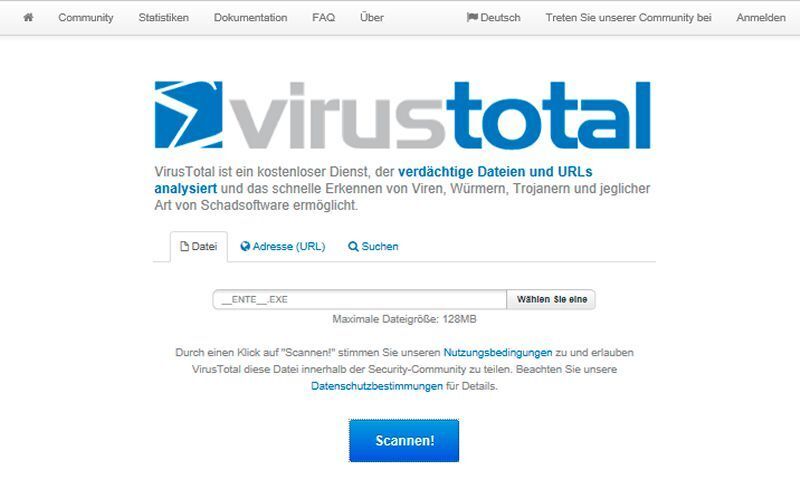 Startseite VirusTotal; Bereit zum Upload einer verdächtigen Datei zur Analyse. (Dombach)